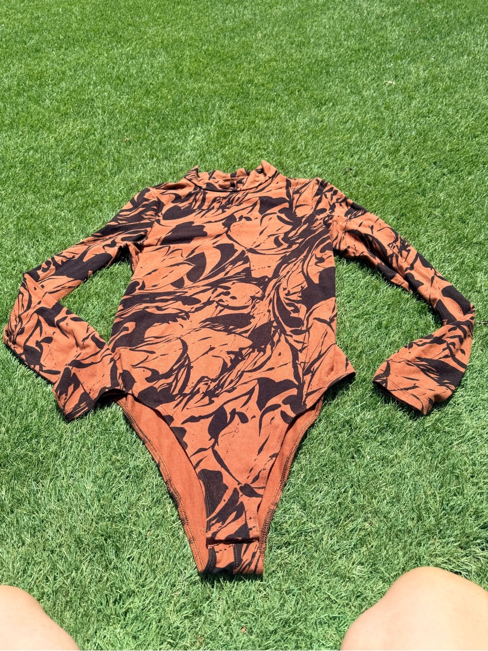 Rust & Black Printed Long-Sleeve One-Piece body suit